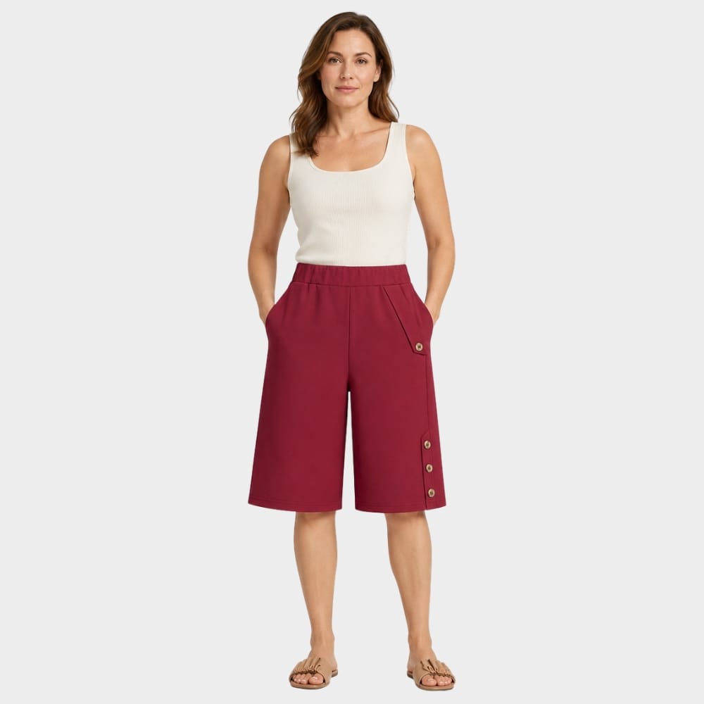 Cairnward-Outdoor womens high waist knee length loose shorts with side buttons