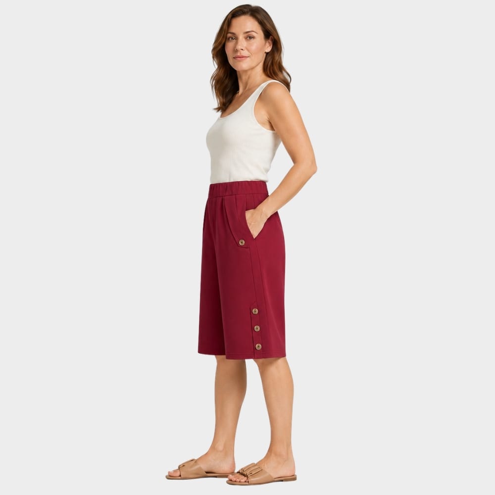 Cairnward-Outdoor womens high waist knee length loose shorts with side buttons